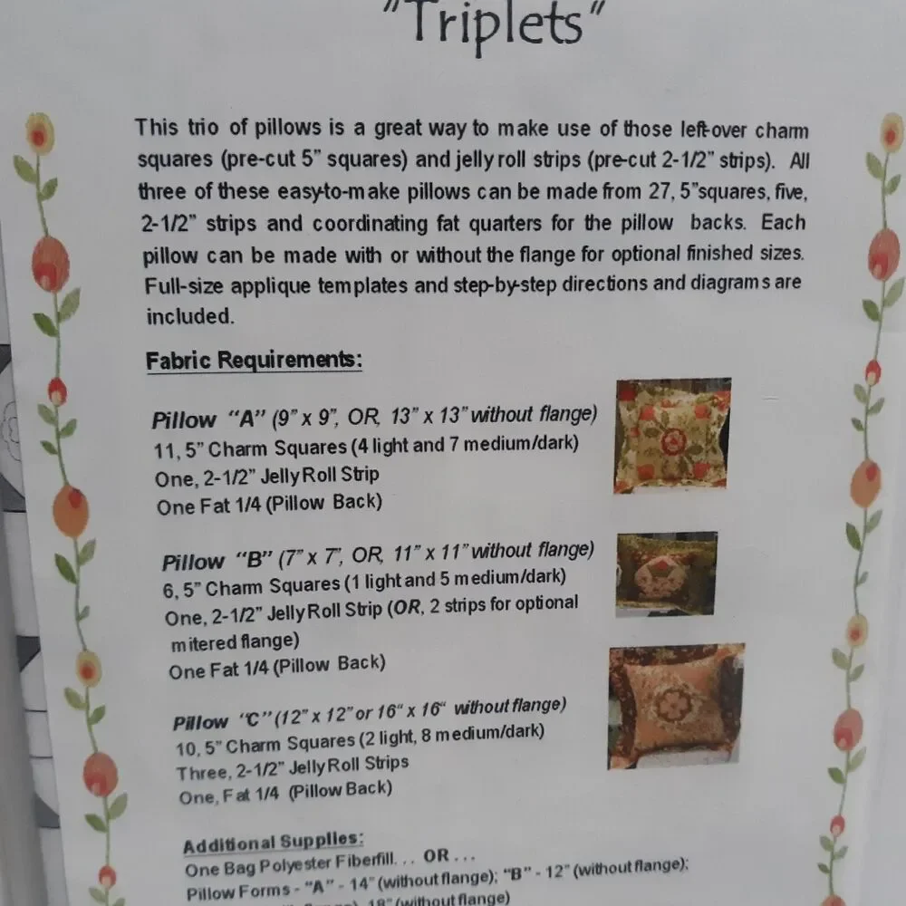 Pillow Sewing Pattern NEW Bloom Creek Triplets Applique Home Decor Living Room